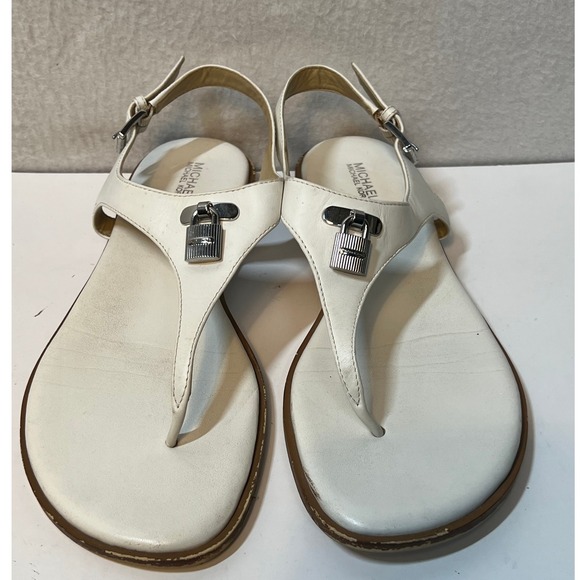 Michael Kors Sandals White Leather Thong Slingback Lock Accent Womens Size 9.5M - Picture 1 of 16